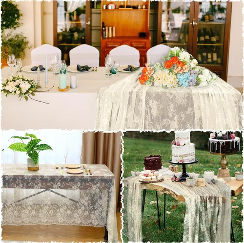 Miniatura 5 de Chumia Mantel rectangular de encaje de 60 x 120 pulgadas, mantel rústico superpuesto con rosa bordado vintage para boda, recepción, fiesta