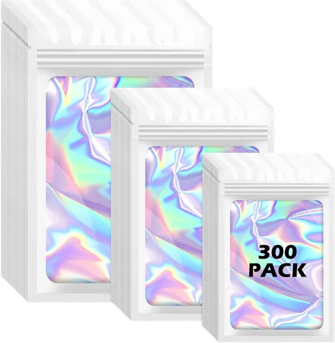 Miniatura 22 de 300 bolsas holográficas de mylar, 3 tamaños, bolsas a prueba de olores con ventana transparente, bolsas de papel de aluminio resellables