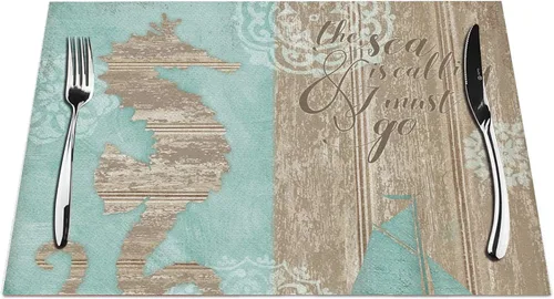 Juego de 4 manteles individuales con diseño de caballo marino, color azul y marrón, resistentes al calor, para mesa de comedor, antideslizantes, 18