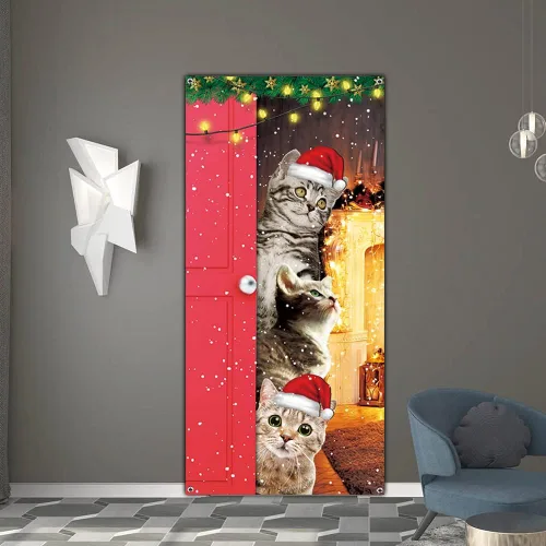 Miniatura 6 de Cubierta de Puerta de Gatos Lindos Feliz Navidad Banner Decoración de Gatos Divertidos para Puerta Delantera Pared Ventana Suministros de Fiesta