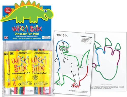 WikkiStix - Recuerdos de fiesta de dinosaurios para niños, 13 paquetes individuales de actividades de dinosaurios con 144 Wikki Stix, tarjetas de
