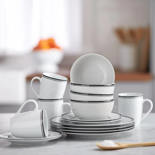 Miniatura 6 de Amazon Basics - Juego de vajilla de cocina de 16 piezas con rayas de café, platos, cuencos, tazas, servicio para 4, color negro