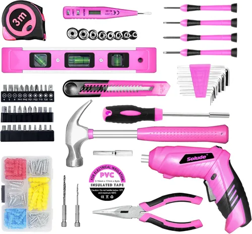 Miniatura 3 de Juego de herramientas rosa, juego de 130 piezas para el hogar para mujeres con destornillador recargable inalámbrico de 3.6V, juego básico