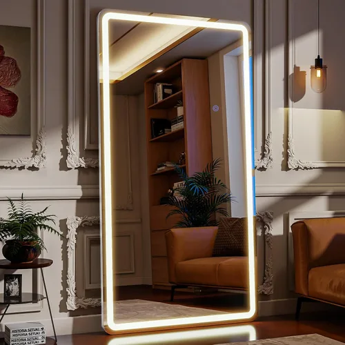 Miniatura 16 de Espejo LED de longitud completa, 30 x 71 pulgadas, espejo de cuerpo completo de vidrio templado con atenuación e iluminación de 3 colores de pie