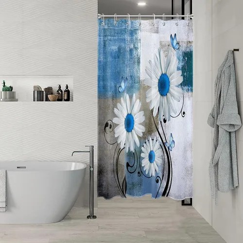Miniatura 3 de Cortina de ducha floral con margaritas azules, flores blancas y mariposas en tela moderna abstracta geométrica gris para baño, 10 ganchos, 48 x 72