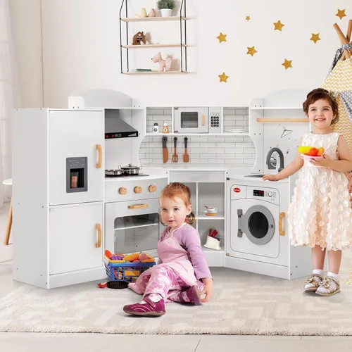 Miniatura 9 de Costzon Juego de cocina esquinera para niños, cocina de madera con sonidos y luces, lavadora, campana extractora, máquina de hielo, microondas