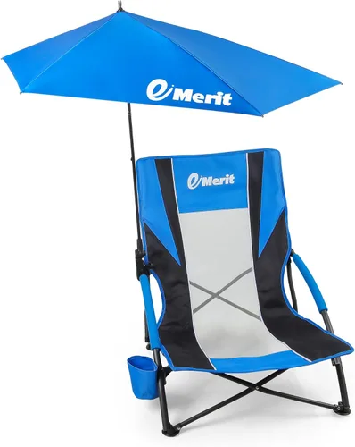 EMERIT Sillas de playa bajas para adultos con paraguas extraíble UPF 50+, mochila plegable ligera silla de camping con soporte para tazas, silla de