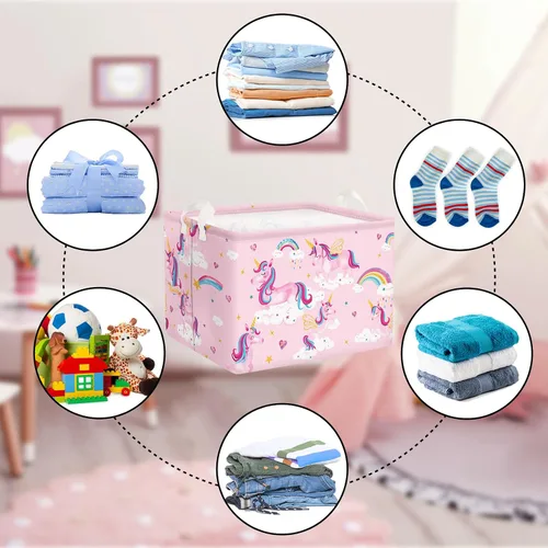 Miniatura 6 de Clastyle Adorable cesta de estante de unicornios rosados para niños, diseño de nube, corazón, arco iris, cesta de regalo rectangular para ropa