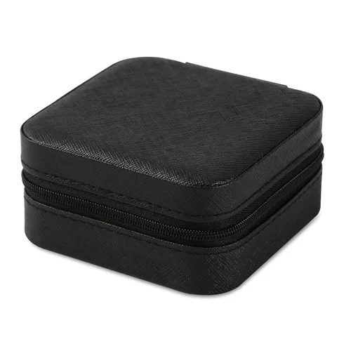 Miniatura 2 de Mini joyero portátil de viaje de cuero para joyas, organizador de anillos, caja de regalo de almacenamiento, para niñas y mujeres (negro).