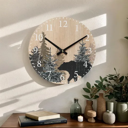 Miniatura 2 de SwallowLiving Reloj de pared con oso de cabaña, 12 pulgadas, silencioso, sin tictac, bosque de madera, vida silvestre, montaña, cabaña, reloj