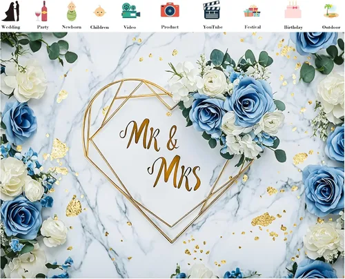 Miniatura 3 de LB Telón de fondo de boda de señor y señora de 5 x 3 pies, diseño floral de rosa blanca y azul, para fotografía de pareja, boda, fiesta, pancarta