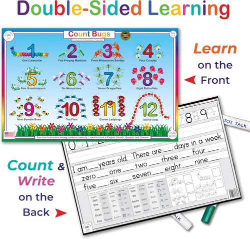 Miniatura 4 de Tot Talk Count Bugs Learn and Write Numbers 1-10 - Mantel individual educativo para niños, de doble cara, impermeable, lavable, fabricado en Estados