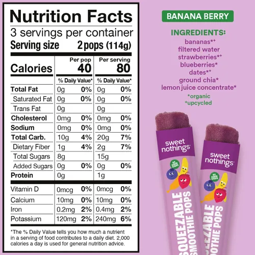 Miniatura 2 de Sweet Nothings, Banana Berry, Paletas de batido de fruta exprimible para niños orgánicas USDA, paquete de valor de 24 - sin colorantes, sin azúcar