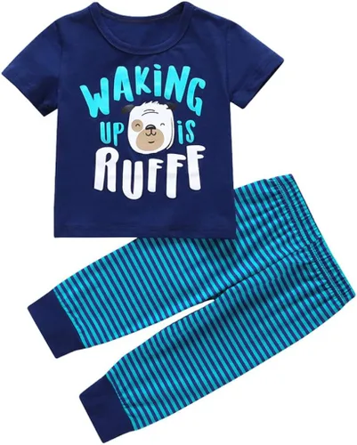 Conjunto de ropa de bebé para niños, 2 piezas, para niños recién nacidos, dibujos animados, perro de manga corta, camiseta Tops+pantalones a rayas