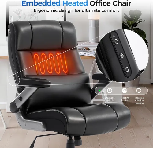 Miniatura 5 de Silla de oficina grande y alta de 600 libras, asiento extra ancho, masaje 3D y calor, silla de oficina con resistencia para personas, brazos cuero