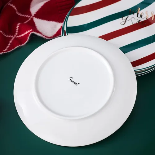 Miniatura 6 de Platos de Cena de Navidad de China Ósea - Platos de Postre - Platos de Ensalada Juego de 4, Apto para Lavavajillas (Rayado, 20.3 cm)