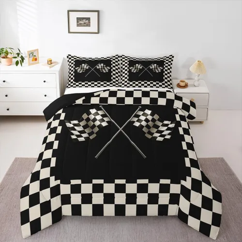 Miniatura 6 de Castle Fairy Juego de edredón con bandera a cuadros en blanco y negro para niños, niñas, mujeres y adultos, edredón con temática de carreras, juego