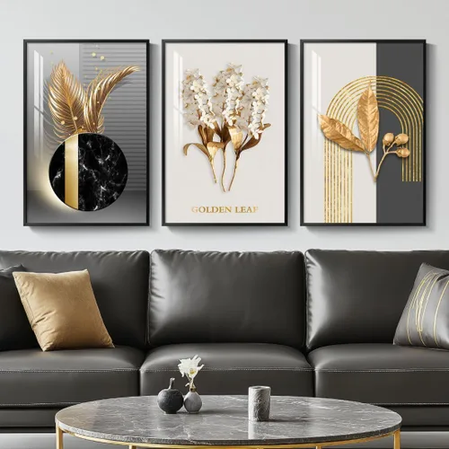 Arte de pared moderno enmarcado en blanco y negro, 3 piezas de impresiones contemporáneas grandes para paredes, juego de 3 imágenes de hojas doradas