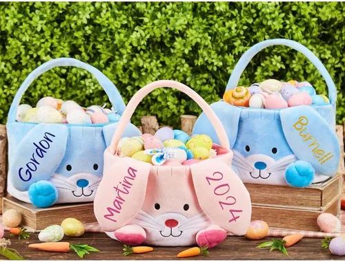 Miniatura 3 de Personalized Bunny Easter Basket, Custom Embroidered Monogram Easter Bucket Plush Easter Basket Kids Easter Gift Perfect for Toys and Candy
