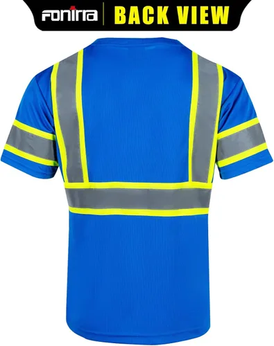 Miniatura 3 de FONIRRA Camisa reflectante de seguridad de alta visibilidad para hombres ANSI Clase 3 Hi Vis, camisas de trabajo de construcción con manga corta Azul