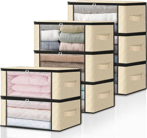 Miniatura 30 de HomeHacks Paquete de 3 bolsas organizadoras de ropa, caja de almacenamiento plegable con gran ventana transparente y asas resistentes para armario