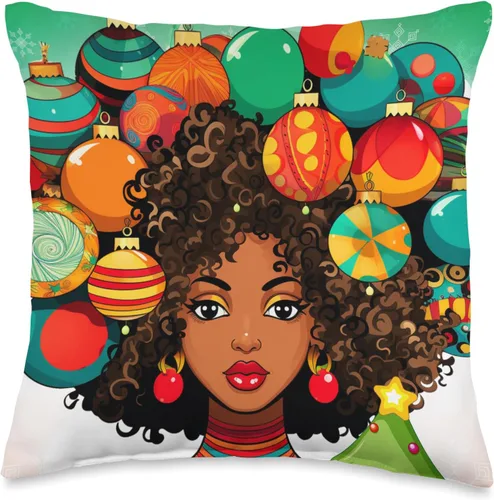 Black women Christmas ornament melanin curly hair Melanin Christmas Queen Xmas Black Girl Magic Ornament - Almohada de 16 x 16 pulgadas, multicolor