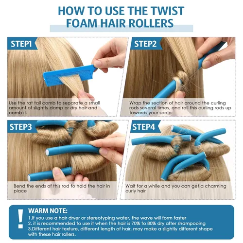 Miniatura 3 de Syhood 30 Piezas Varillas Rizadoras Flexibles 9.45 Pulgadas Rodillos de Espuma Twist Suaves Sin Calor Varillas Rizadoras de Cabello y 1 Peine de Azul