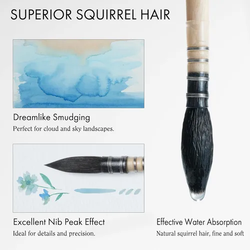 Miniatura 3 de ARTIFY - Pinceles de acuarela para cabello de ardilla natural profesional, punta fina redonda, pincel de acuarela para trazos grandes, ideal
