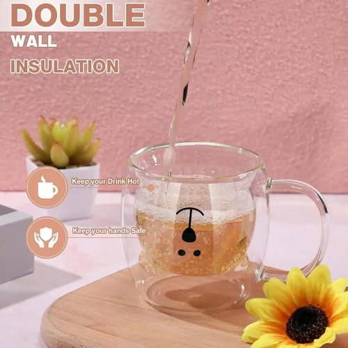 Miniatura 3 de Patelai Linda taza de oso con asa de vidrio de doble pared para té, café y leche, taza de espresso aislada, taza de Navidad, taza de cerveza, lindo