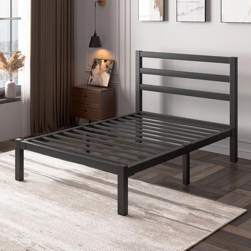 Miniatura 4 de LoVinson Marco de cama tamaño Twin, base de cama de plataforma resistente con base de metal fuerte, almacenamiento debajo de la cama, base de Negro