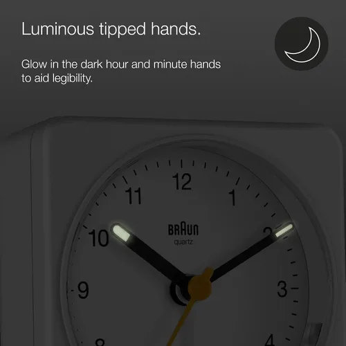 Miniatura 5 de Braun Reloj despertador analógico clásico con repetición y luz, movimiento de barrido de cuarzo silencioso, alarma de pitido Crescendo en blanco