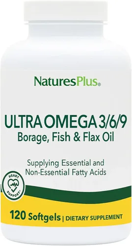 NaturesPlus Ultra Omega 3 6 9 - 1200 mg, 120 cápsulas blandas - Aceite de borraja, aceite de pescado, suplemento de aceite de lino - Sin gluten -