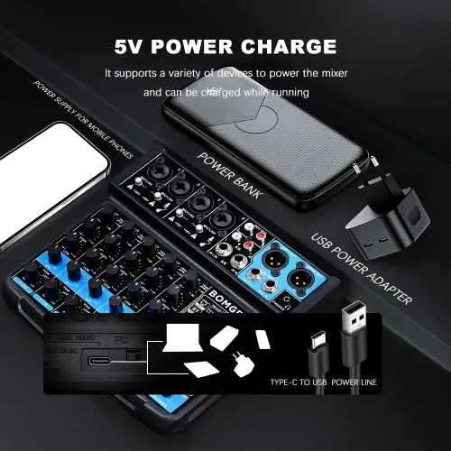 Miniatura 5 de BOMGE Consola mezcladora de sonido mini DJ Audio de 6 canales con interfaz USB, Bluetooth, grabación estéreo, alimentación fantasma de 48V, 99