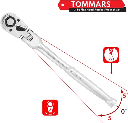 Miniatura 5 de TOMMARS Juego de carraca de cabeza flexible, 1/4", 3/8", 1/2" de accionamiento, carraca de mango flexible de 72 dientes, de liberación rápida