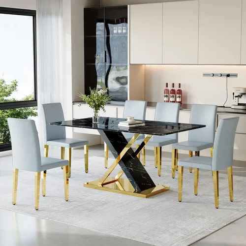 Miniatura 14 de YUNDREAM - Juego de mesa de comedor moderna de mármol para 4, mesa de comedor de oro negro de 63 pulgadas con marco cromado en forma de X y sillas