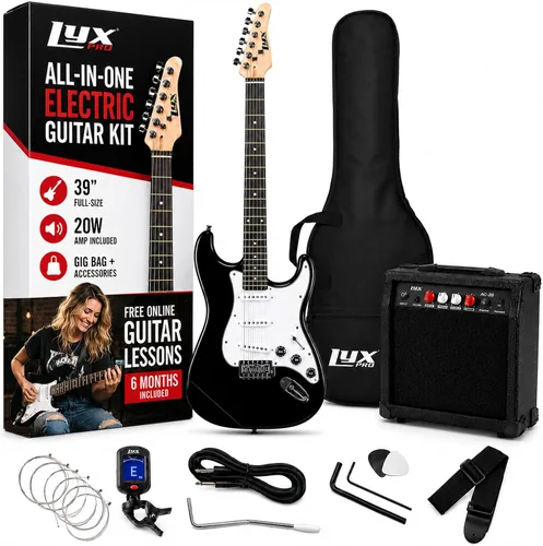 LyxPro Kit completo de guitarra eléctrica de 39 pulgadas para principiantes, tamaño completo con amplificador de 20 W, el paquete incluye todos los