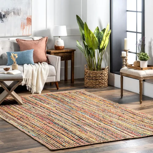Miniatura 14 de nuLOOM Tammara - Alfombra bohemia trenzada a mano, algodón, hecha a mano, ecológica, colorida, roja, azul, rosa, amarillo