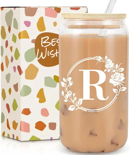 Miniatura 15 de Regalos de cumpleaños para mujeres, taza de vidrio personalizada con monograma de iniciales para mujeres, tazas de vidrio de 16oz con tapas