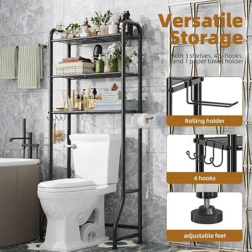 Miniatura 5 de Simple Trending Over The Toilet Storage Rack, Metal 3 Tier Bathroom Organizer Shelf with Paper Holder and 3 Hooks, Freestanding Shelf Space Saver