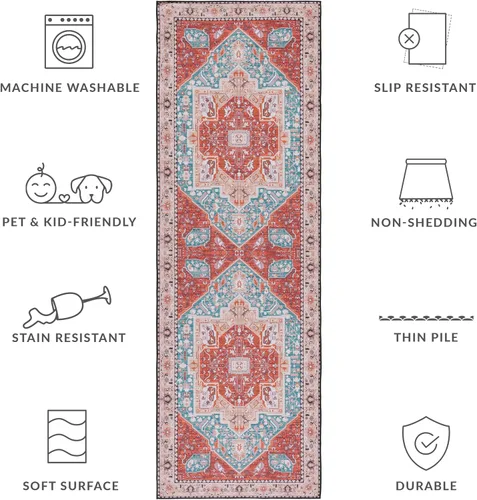 Miniatura 7 de SAFAVIEH Tucson Collection - Alfombra lavable de 2 pies 6 x 8 pies, color aguamarina y al óxido, antideslizante, ideal para zonas de alto tráfico