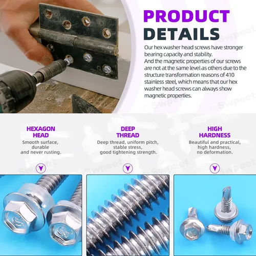 Miniatura 4 de Swpeet 70 tornillos autoperforantes de acero inoxidable 410 #12 x 3/4 pulgadas con cabeza hexagonal de arandela con acero inoxidable #12 x 3/4