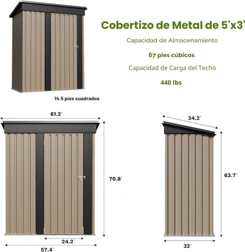 Miniatura 6 de Patiowell Cobertizo de almacenamiento al aire libre de 5 x 3 pies, cobertizo de herramientas con techo inclinado y puerta con cerradura, cobertizo