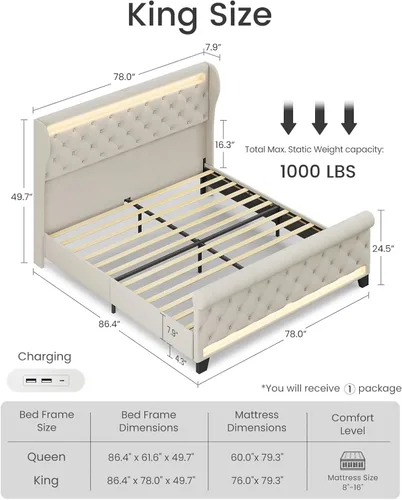 Miniatura 2 de Belffin Armazón de Cama Tamaño King con Cabecero, Cabecero Tapizado de Terciopelo de 50 pulgadas de Alto, Cama Plataforma con Luces LED y 2 Puertos