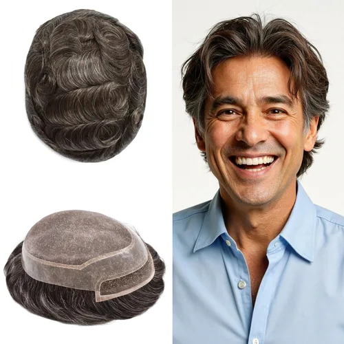 Miniatura 30 de LYRICAL HAIR Sistema de pieza de pelo tipo tupé para hombre, pieza de cabello de poliuretano alrededor de la unidad de cabello para hombres, 5 x 7