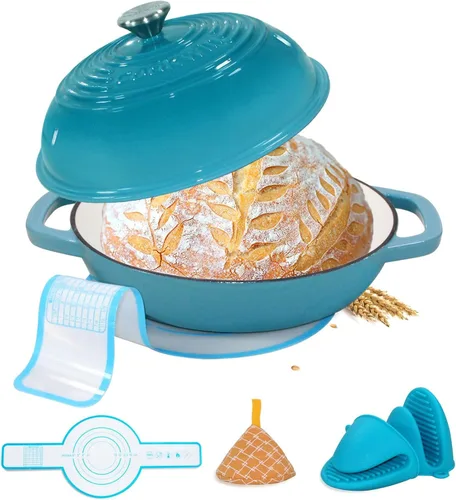 Horno de pan de hierro fundido esmaltado, horno holandés de 6 cuartos de galón para hornear pan de masa madre, kit de sartén esmaltada de 11 Verde