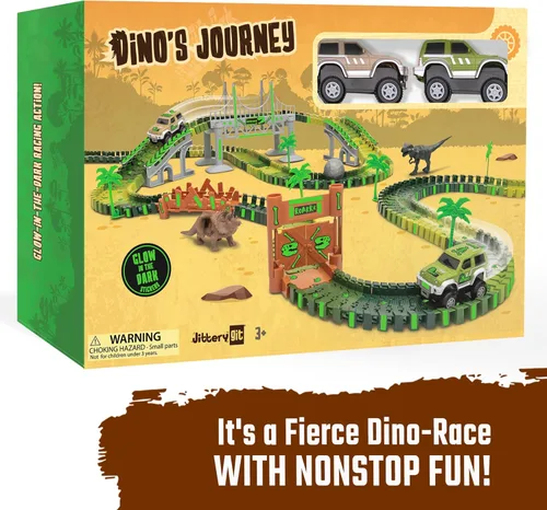 Miniatura 3 de JITTERYGIT - Juego de pista de carreras de dinosaurios jurásicos que brillan en la oscuridad, juguete de mundo de dinosaurios, pista de carreras