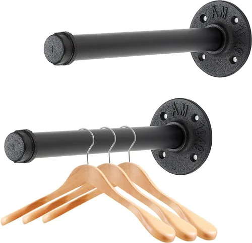 Miniatura 13 de Perchero flotante de tubo industrial negro de 6 pulgadas montado en la pared, estante de ropa resistente para colgar, barra de colgar multiuso