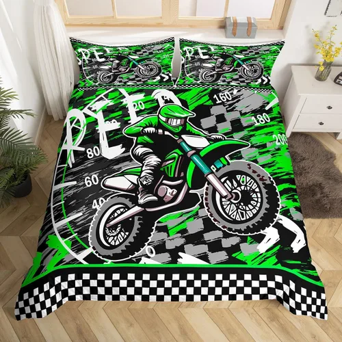 Miniatura 2 de Juego de funda de edredón verde fluorescente para motocross, juego de ropa de cama para deportes extremos para niños y niñas, funda de edredón