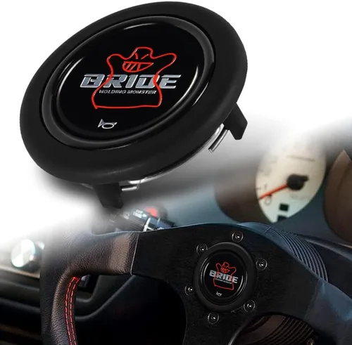 Miniatura 5 de Q1-TECH, botón redondo JDM universal para volantes aftermarket de 6 pernos con abertura de dos pulgadas 2" para botón de bocina (AUD-BK)