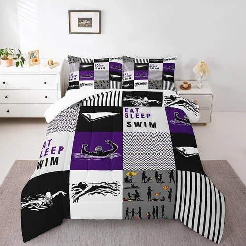 Miniatura 24 de Eat Sleep - Juego de edredón de natación para niños y niñas, ropa de cama temática de natación, juego de cama de natación, juego de deportes Nadar 03